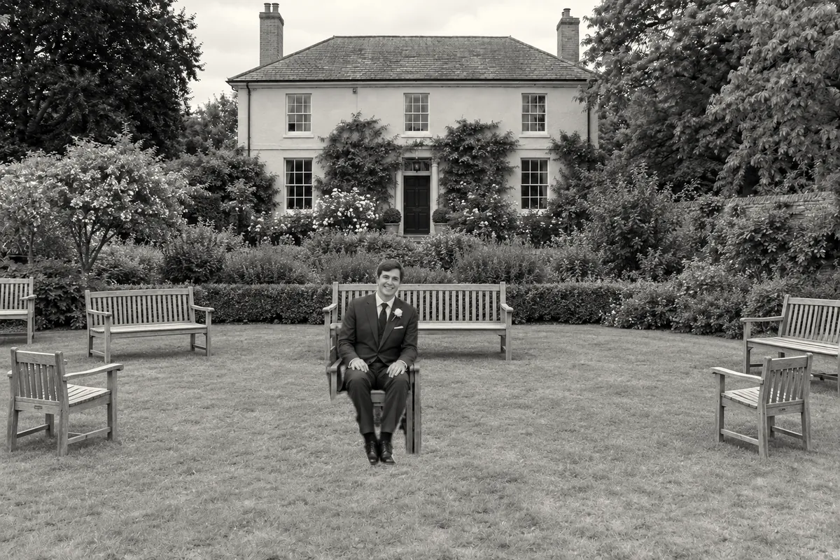 Illustration: an imagined family photograph of about eighty people of every age, from babies to great-grandparents, gathered on a lawn in front of a house